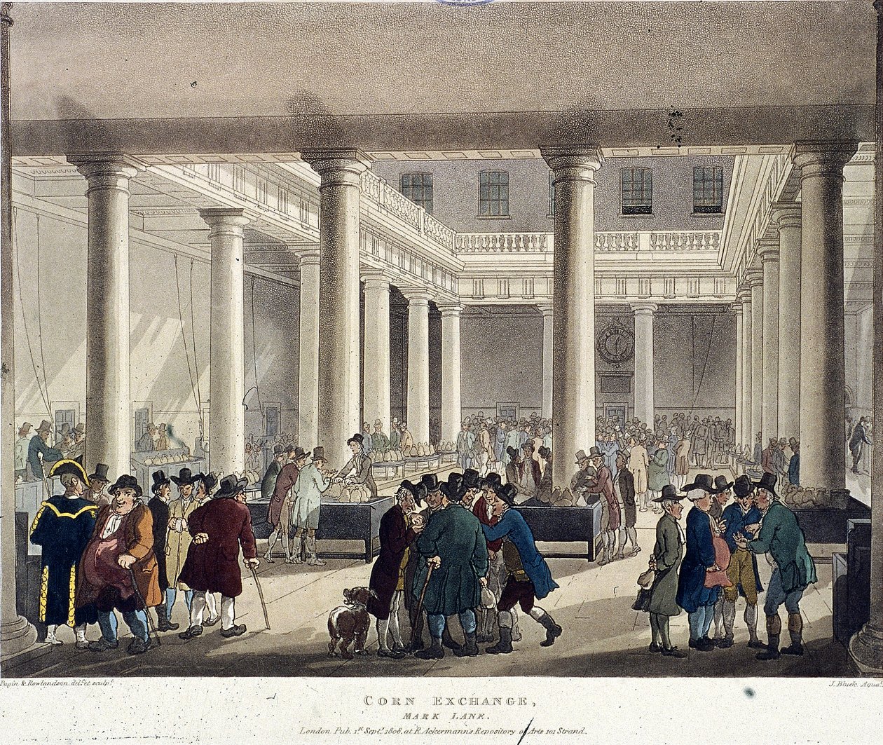 Corn Exchange, Lontoo, 1808 tekijältä Augustus Charles Pugin, Thomas Rowlandson