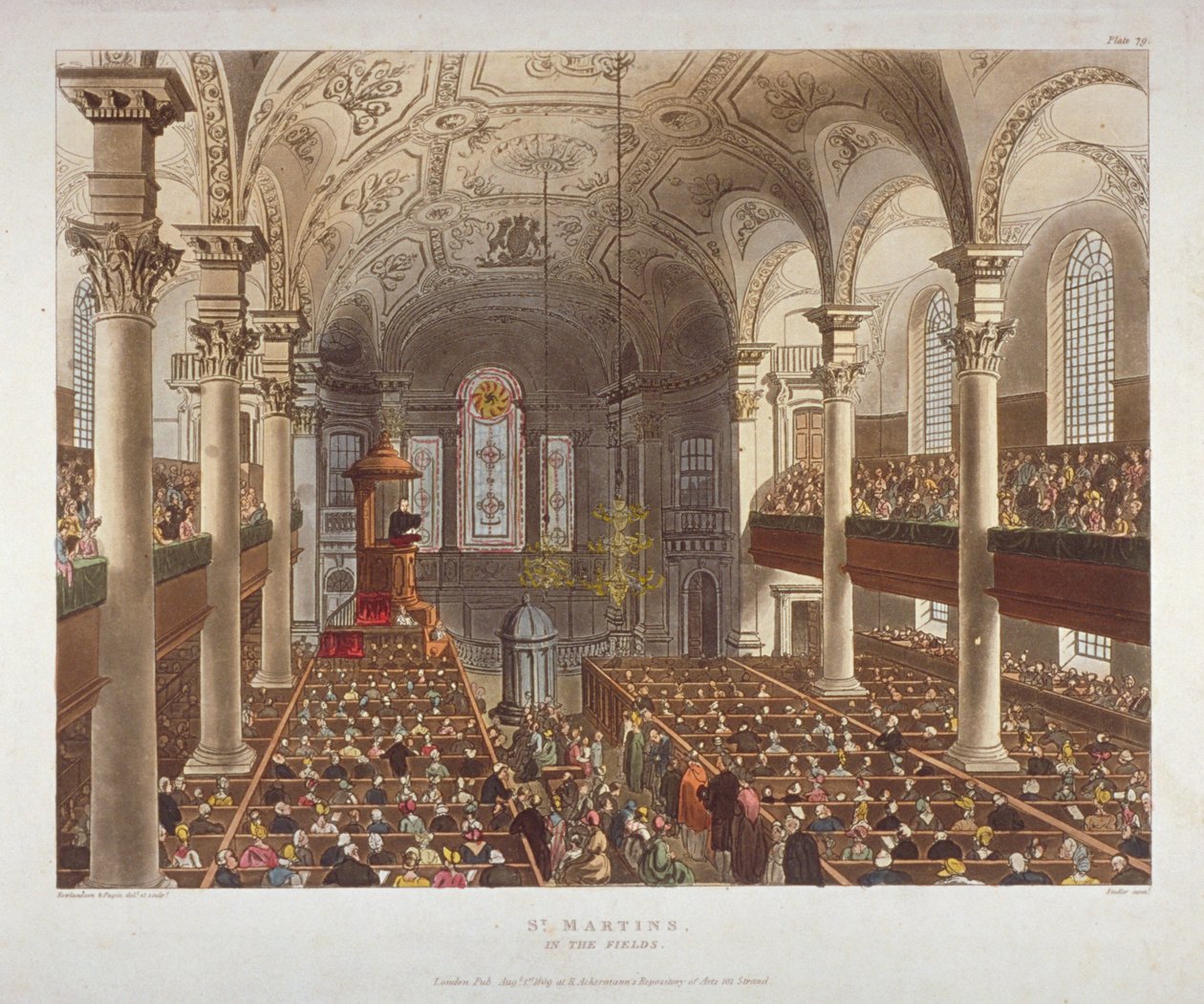 St Martin-in-the-Fieldsin kirkon sisustus, Westminster, Lontoo, 1809 tekijältä Augustus Charles Pugin, Thomas Rowlandson