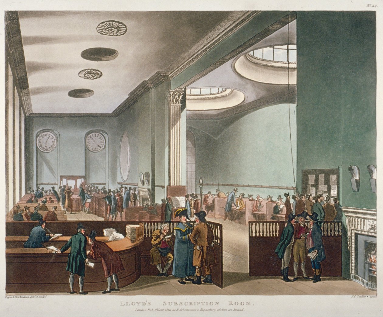Sisäkuva Lloyds Subscription Roomista Royal Exchangessa, Lontoon City, 1809 tekijältä Augustus Charles Pugin, Thomas Rowlandson