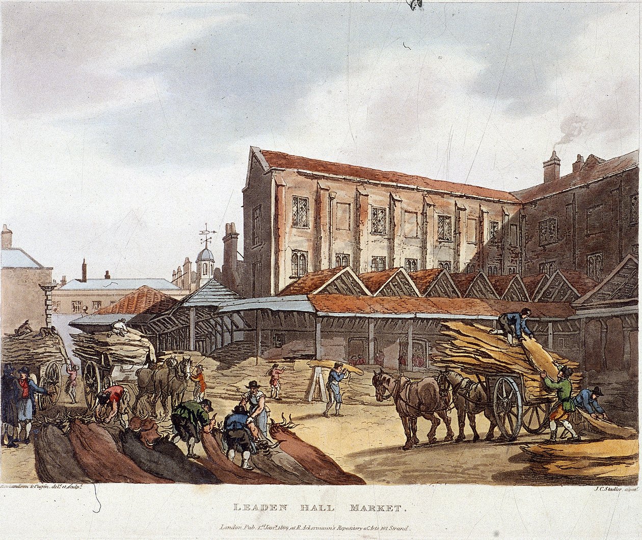 Leadenhall Market, Lontoo, 1809 tekijältä Augustus Charles Pugin, Thomas Rowlandson