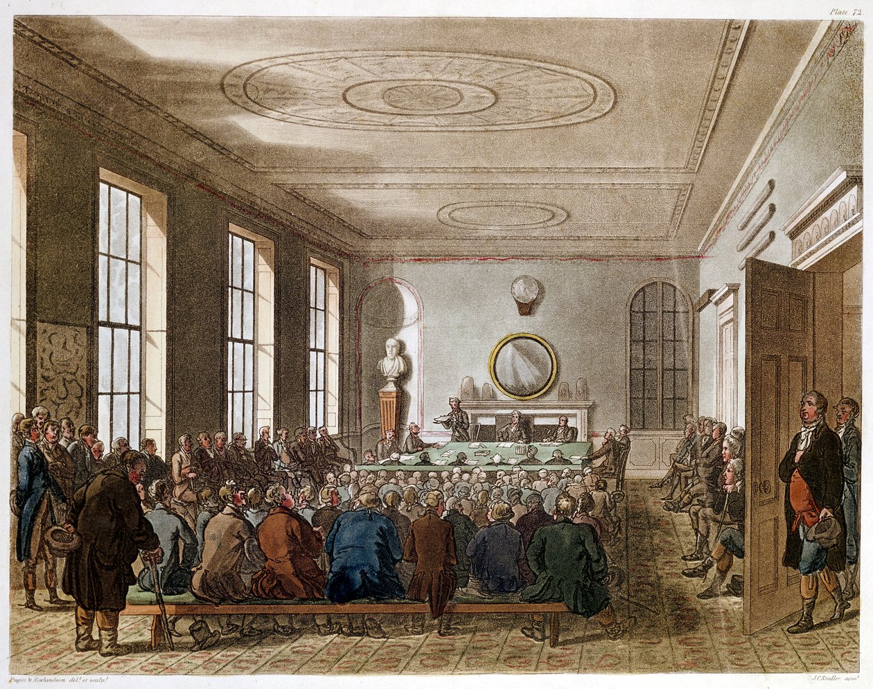 Agricultural Societyn kokous, Lontoo, 1808-1810 tekijältä Augustus Charles Pugin, Thomas Rowlandson