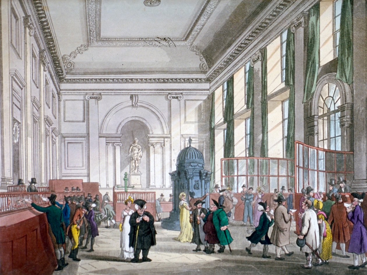 The Great Hall Bank of Englandissa, City of London, 1809, asiakkaiden kanssa. ja työntekijät tekijältä Augustus Charles Pugin, Thomas Rowlandson