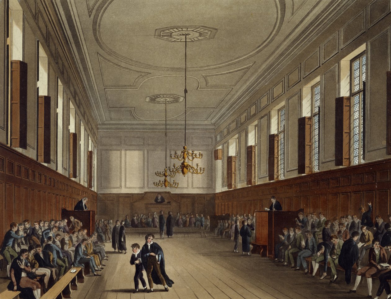 Eton School Room, "History of Eton Collegesta", osa "Historia of the Colleges", kaiverrettu Joseph Constantine Stadler (fl.1780-1812) pub. kirjoittanut R. Ackermann, 1816 (akvatinta) tekijältä Augustus Charles Pugin