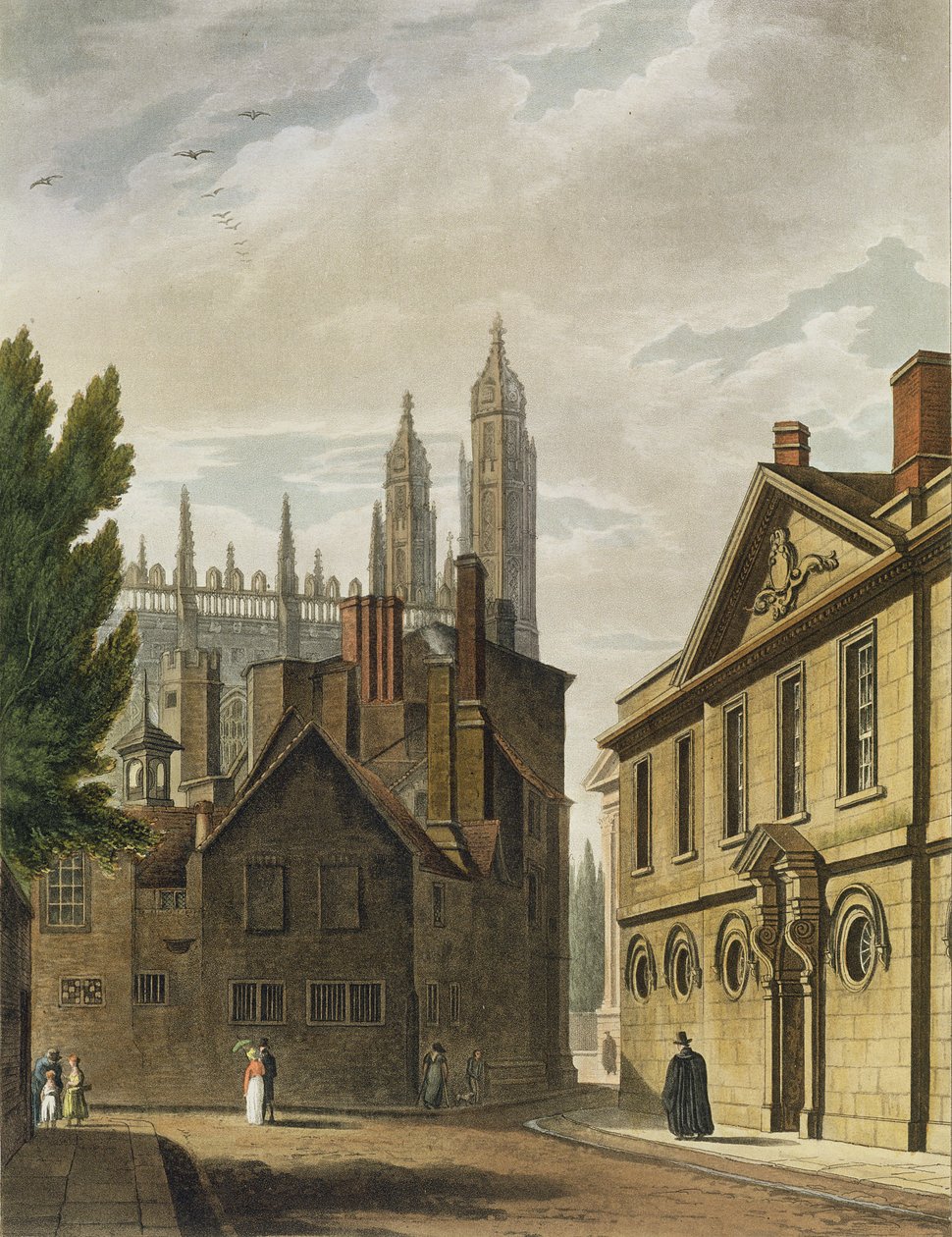 Cambridgen Trinity Hallin edessä, teoksesta "The History of Cambridge", kaiverrus Joseph Constantine Stadler (fl.1780-1812), pub. R. Ackermann, 1815 (väriakvatinta) tekijältä Augustus Charles Pugin