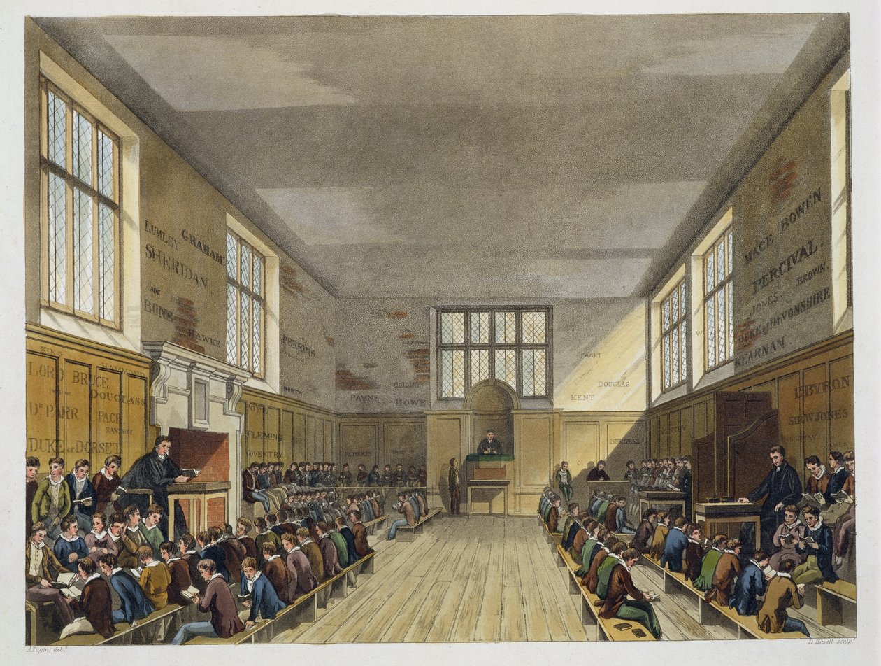 Harrow School Room "History of Harrow Schoolista", joka on osa "History of the Colleges", kaivertanut Daniel Havell (1785-1826) pub. kirjoittanut R. Ackermann, 1816 (akvatinta) tekijältä Augustus Charles Pugin