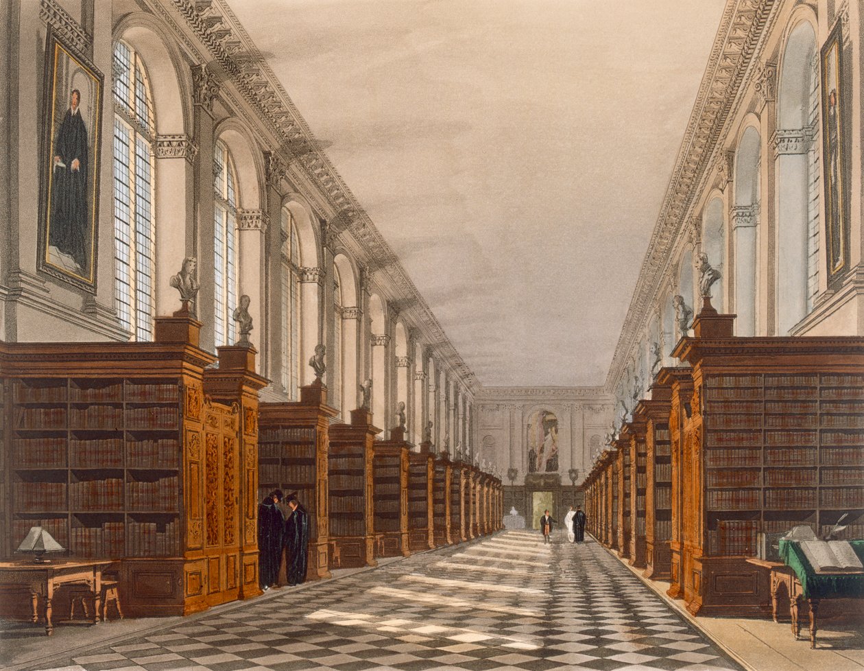Cambridgen Trinity Collegen kirjaston sisustus, The History of Cambridge, kaiverrus Daniel Havell (1785-1826), pub. R. Ackermann, 1815 (väriakvatinta) tekijältä Augustus Charles Pugin