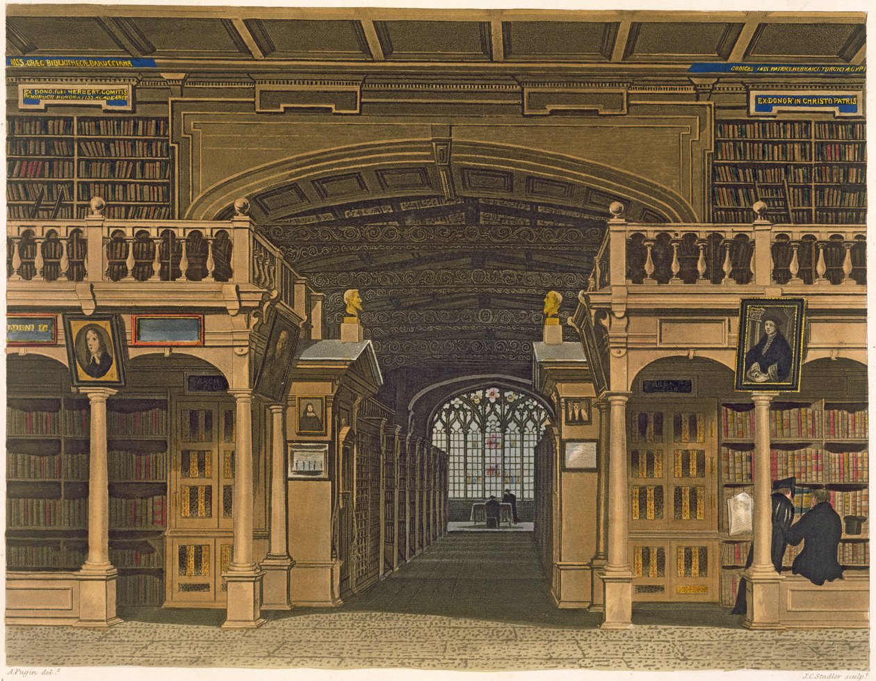 Bodleian-kirjaston sisustus, kuvitus "Oxfordin historiasta", kaiverrettu Joseph Constantine Stadler (fl.1780-1812) pub. kirjoittanut R. Ackermann, 1813 (akvatinta) tekijältä Augustus Charles Pugin