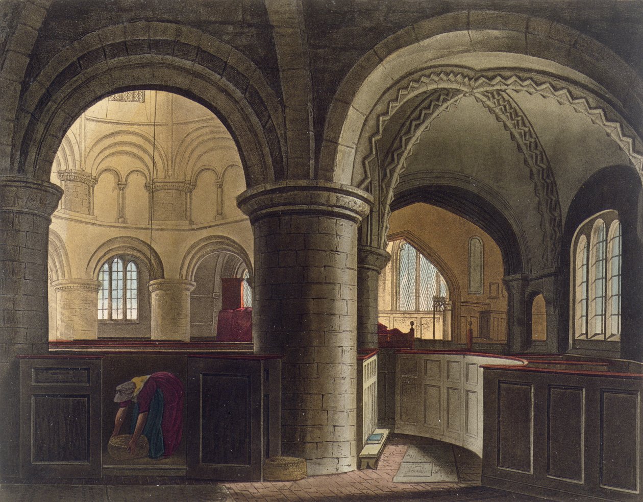 Cambridgen Pyhän haudan kirkon sisustus, "The History of Cambridge", kaiverrus J. Hill, pub. R. Ackermann, 1815 (väriakvatinta) tekijältä Augustus Charles Pugin