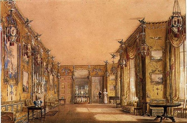 Brighton Pavilionin keltaisen olohuoneen sisustus, n. 1820 (akvarelli ja guassi paperille) tekijältä Augustus Charles Pugin
