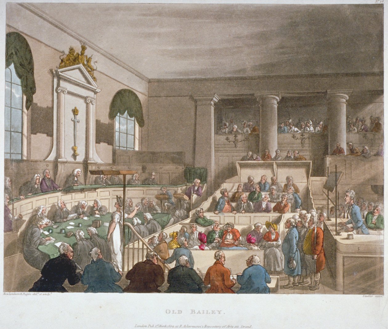 Sisäkuva Sessions Housesta, Old Baileysta, oikeuden istunnossa, Lontoon kaupunki, 1809 tekijältä Augustus Charles Pugin