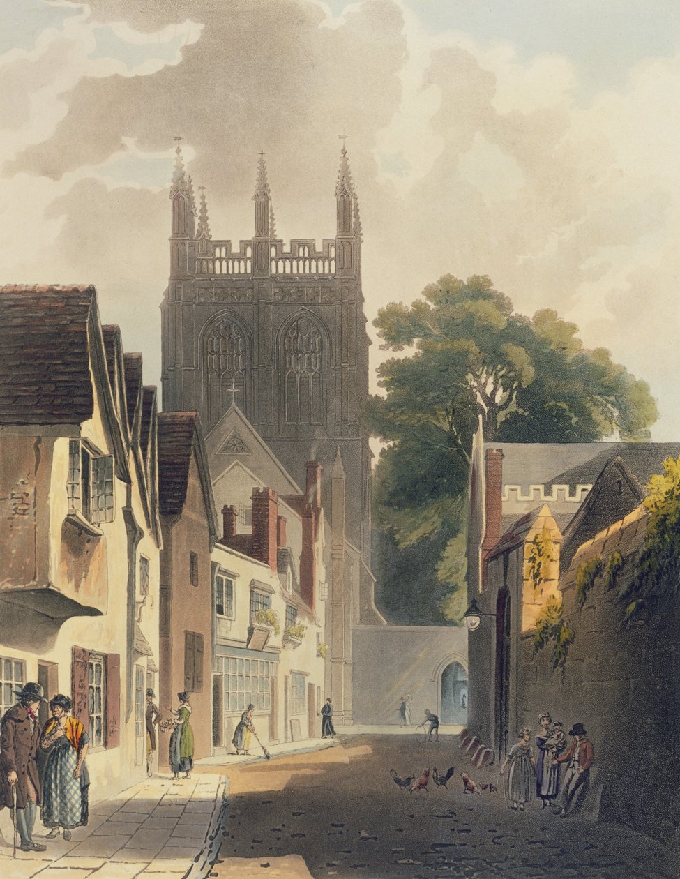 Harakka Lane, Oxford, J. Bluckin (fl.1791-1831) pub. kaivertama kuva "Oxfordin historiasta". R. Ackermann, 1813 (värillinen akvatinta) tekijältä Augustus Charles Pugin