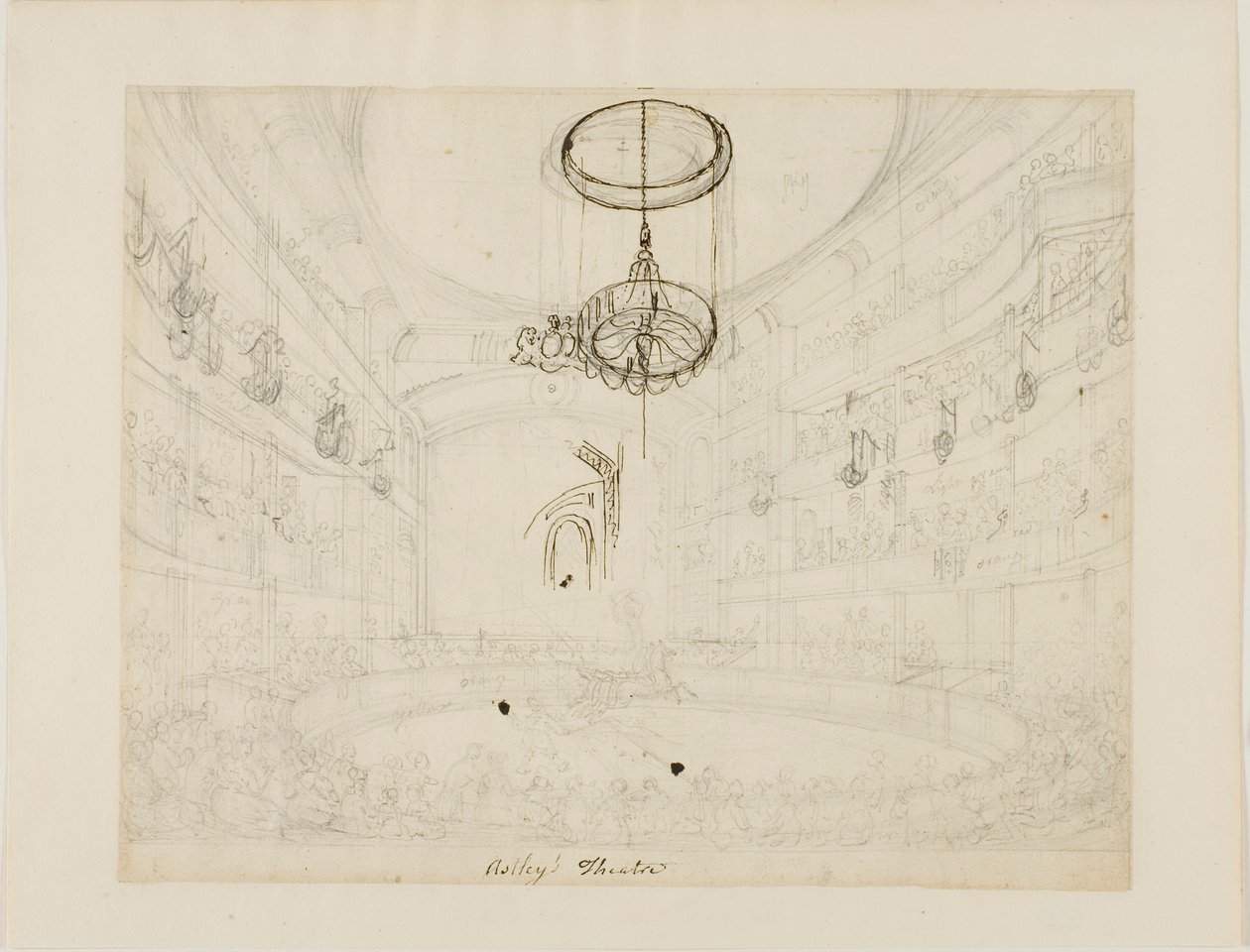 Tutkimus Astleyn teatteria varten (etusivu); Tutkimus Astleyn amfiteatterin kristallikattiloita varten (kääntöpuoli). tekijältä Augustus Charles Pugin