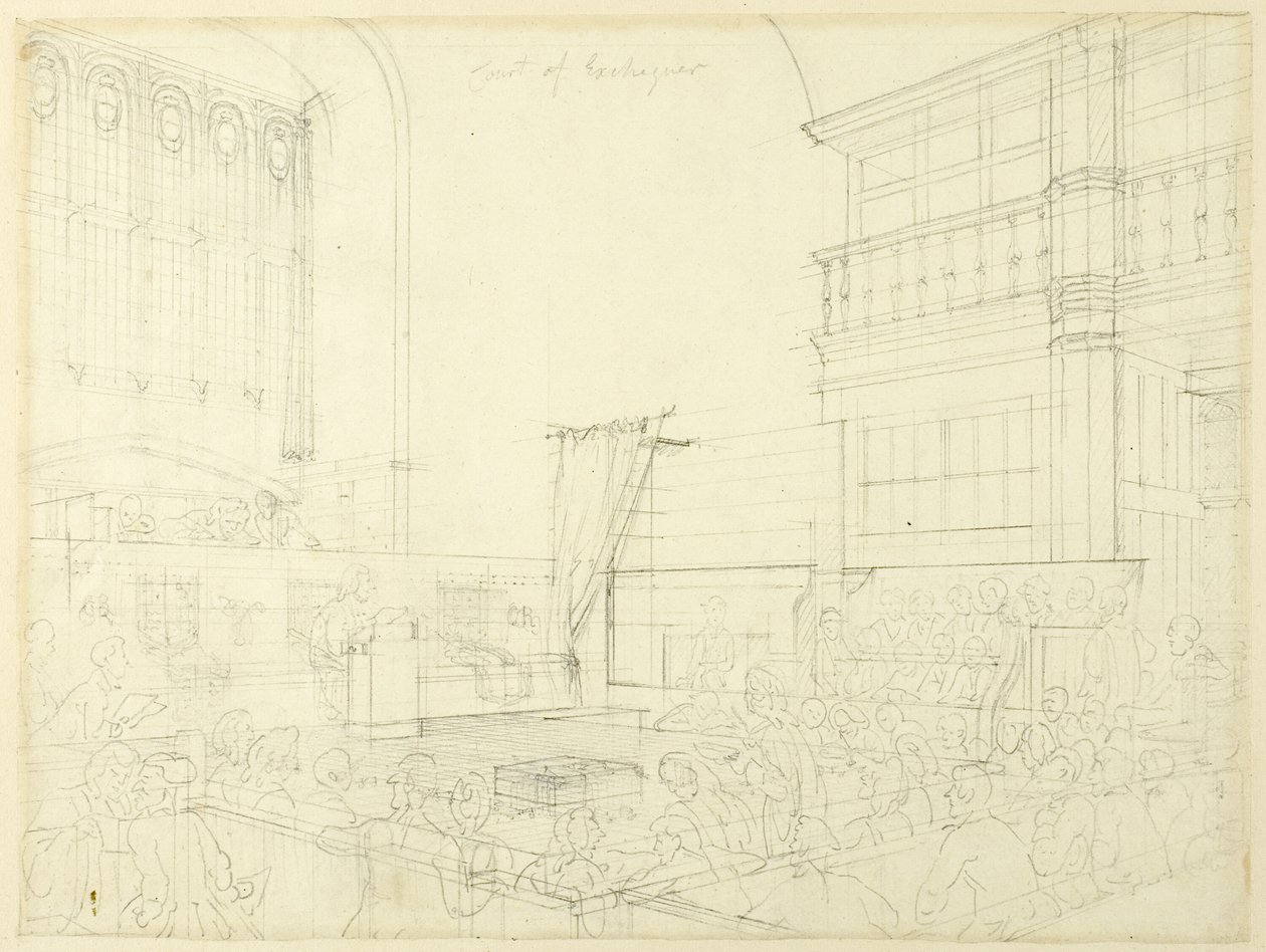 Court of Exchequer -tutkimus, Lontoon mikrokosmos -teoksesta. tekijältä Augustus Charles Pugin