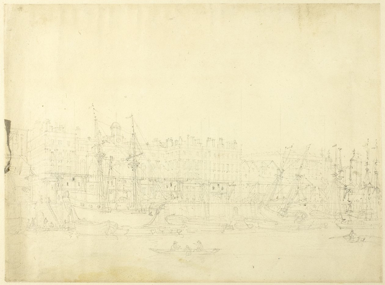Tutkimus Custom Housea varten, Thames-joelta käsin, Lontoosta Microcosm of London (Mikrokosmos Lontoosta) tekijältä Augustus Charles Pugin