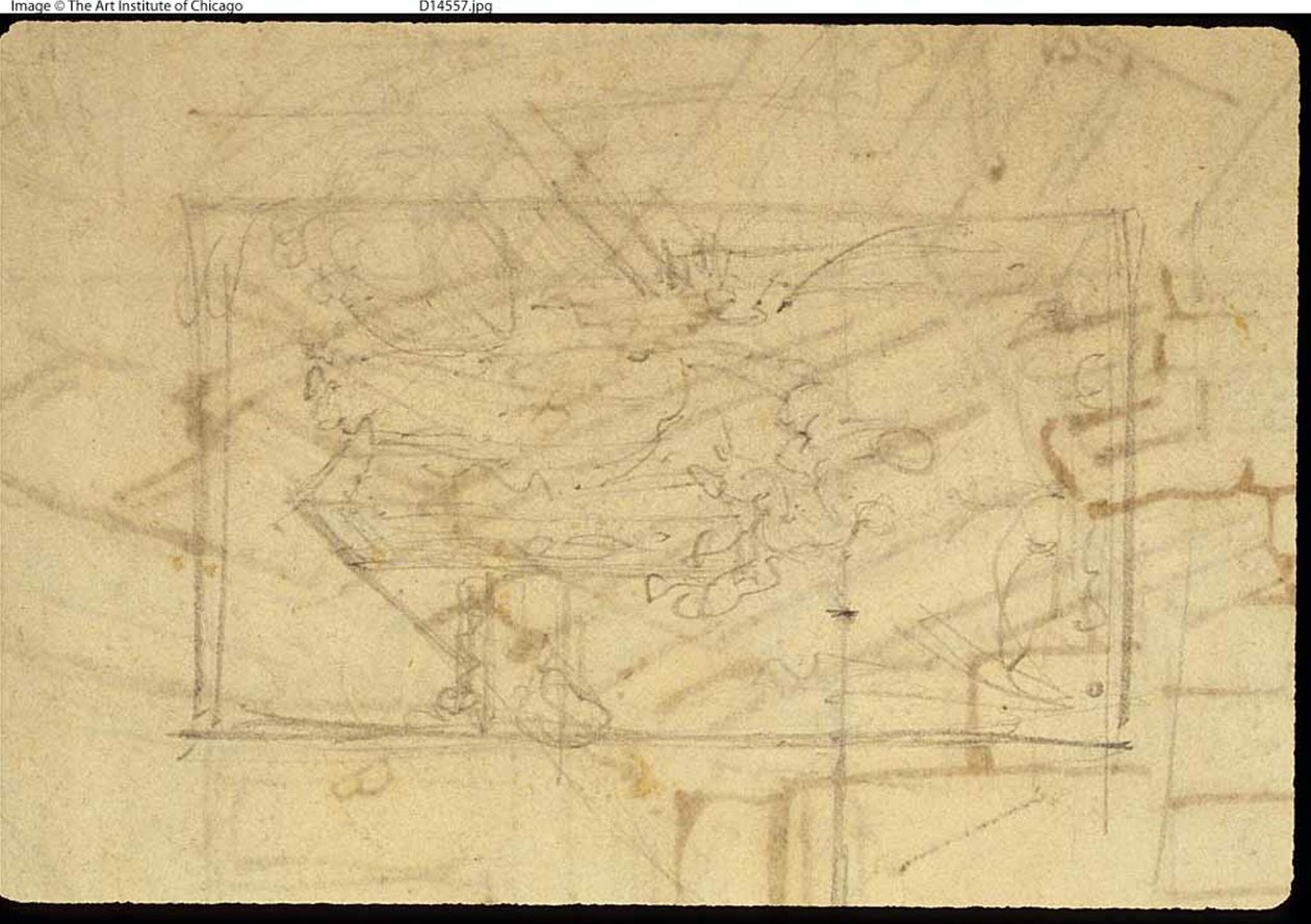 Study for Exhibition Room, Somerset House, Microcosm of London (recto); Luonnos maalauksesta: Madonna ja lapsi (käänteinen) tekijältä Augustus Charles Pugin