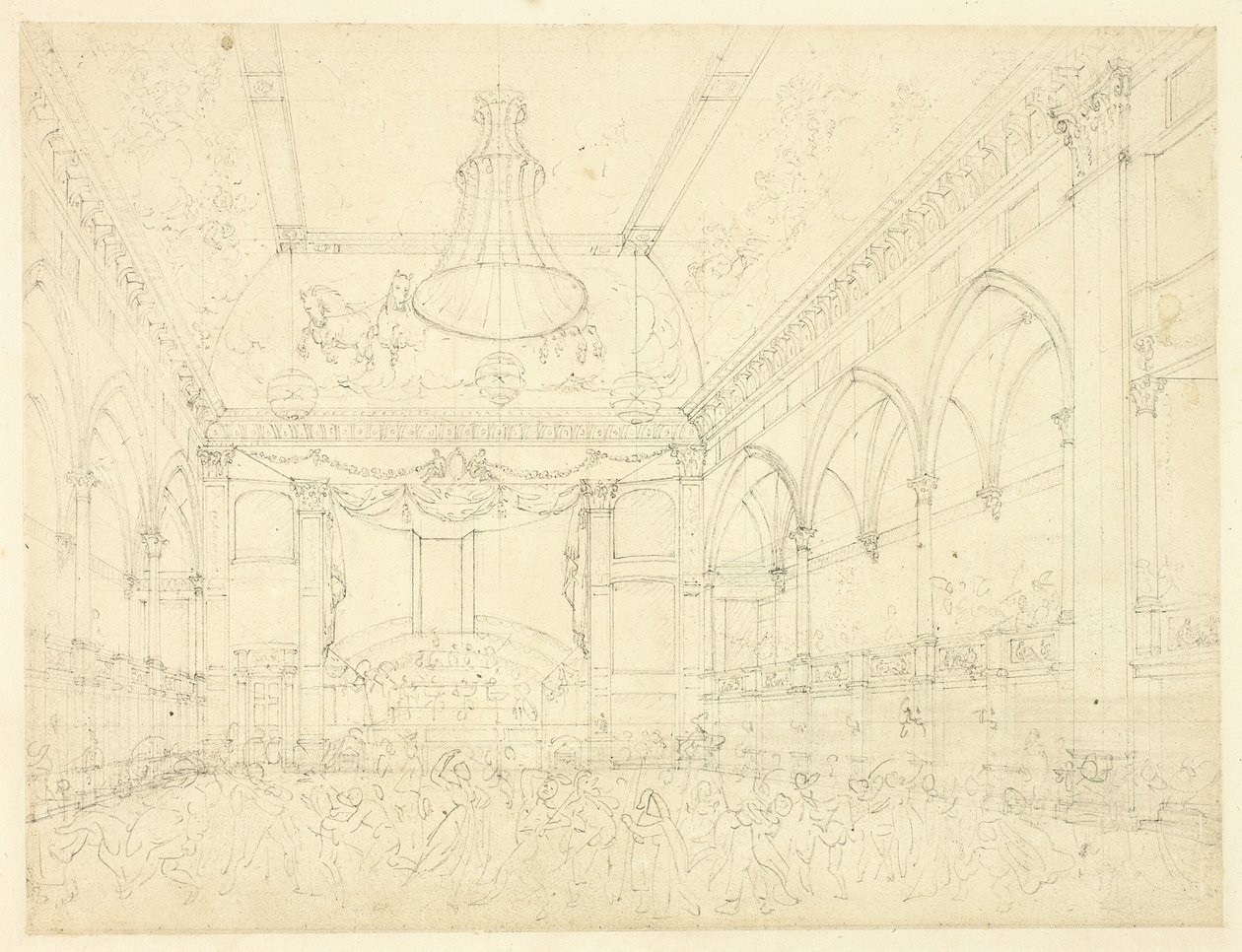 Tutkimus Pantheon Masqueradea varten, Microcosm of London tekijältä Augustus Charles Pugin