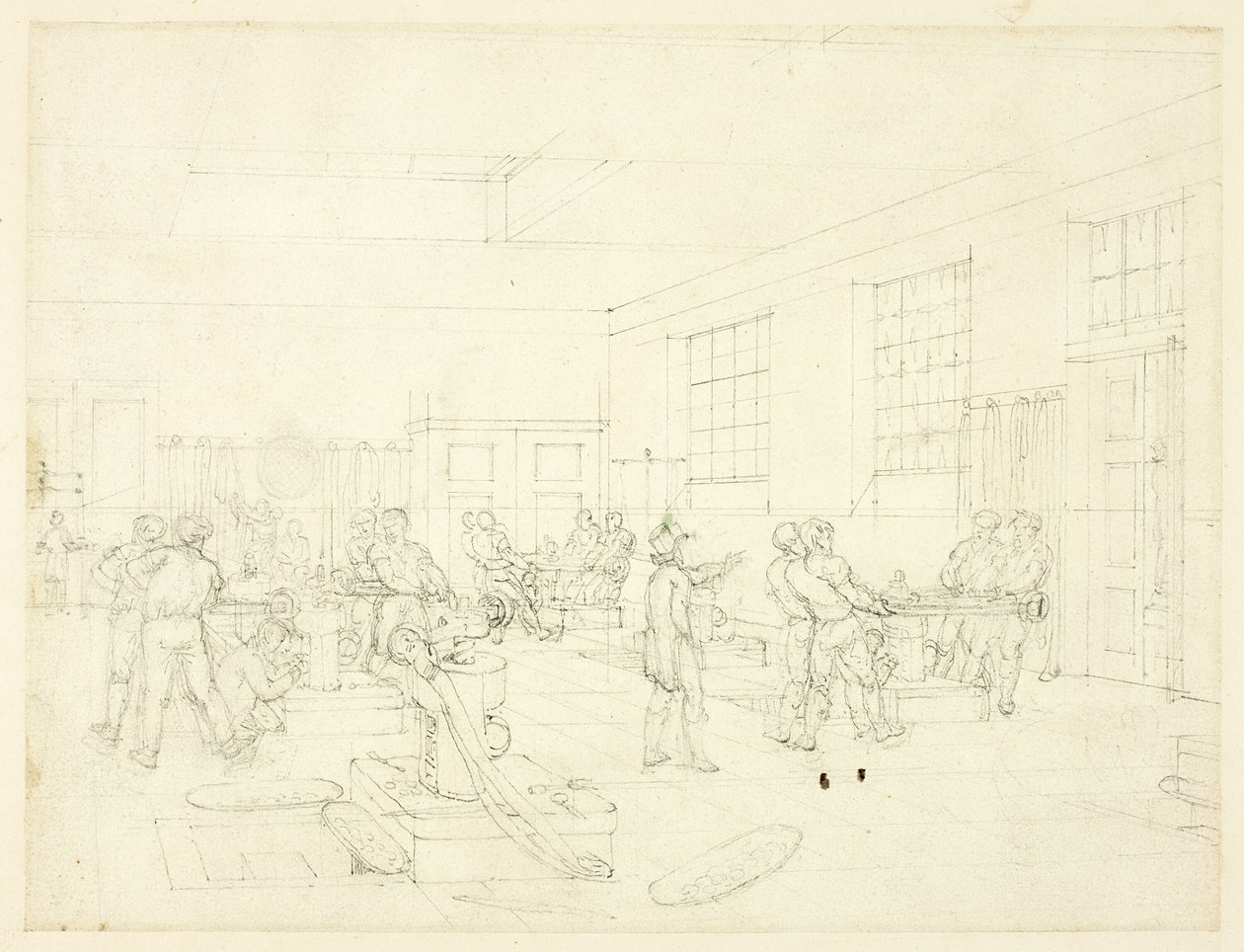 The Mint -studio, Lontoon mikrokosmoksesta (etusivu); luonnos sisäpihasta (kääntöpuoli). tekijältä Augustus Charles Pugin