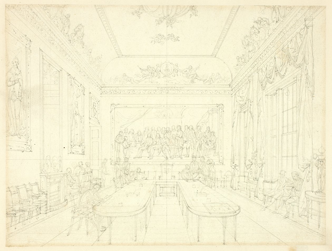 Tutkimus Trinity Houselle, Microcosm of London (recto); Arkkitehtoninen luonnos rivitalojen julkisivuista (käänteinen) tekijältä Augustus Charles Pugin