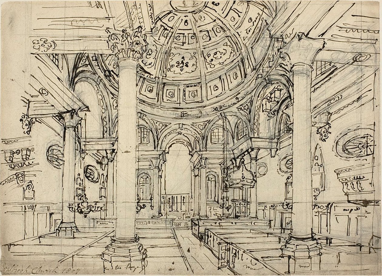 Tutkimus Walbrookin kirkolle (recto); Luonnokset purjeveneistä, miehistä ja jollaista (käänteinen) tekijältä Augustus Charles Pugin