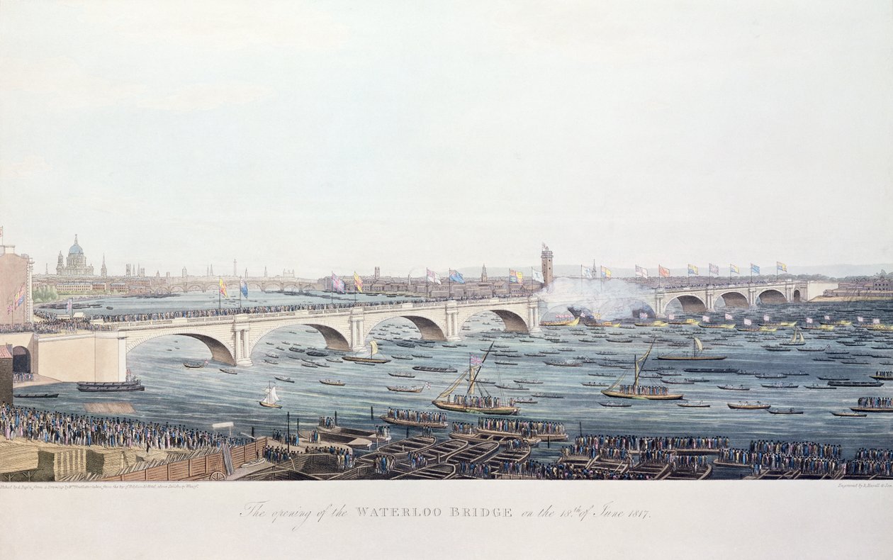 Waterloon sillan avaus 18. kesäkuuta 1817, kaiverrettu A. Pugin W. Findlaterin piirroksesta, kaiverrus R. Havell ja Son, 1818 (värikaiverrus) tekijältä Augustus Charles Pugin