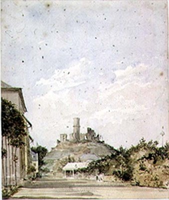 Näkymä raunioituneeseen linnaan tekijältä Augustus Charles Pugin
