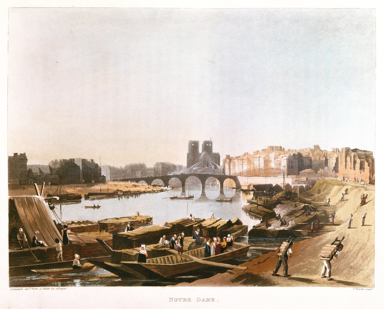 Notre Dame, Ile de la Cite, Ile Saint Louis ja Pont de la Tournelle, 1821 tekijältä Augustus Charles after Pugin