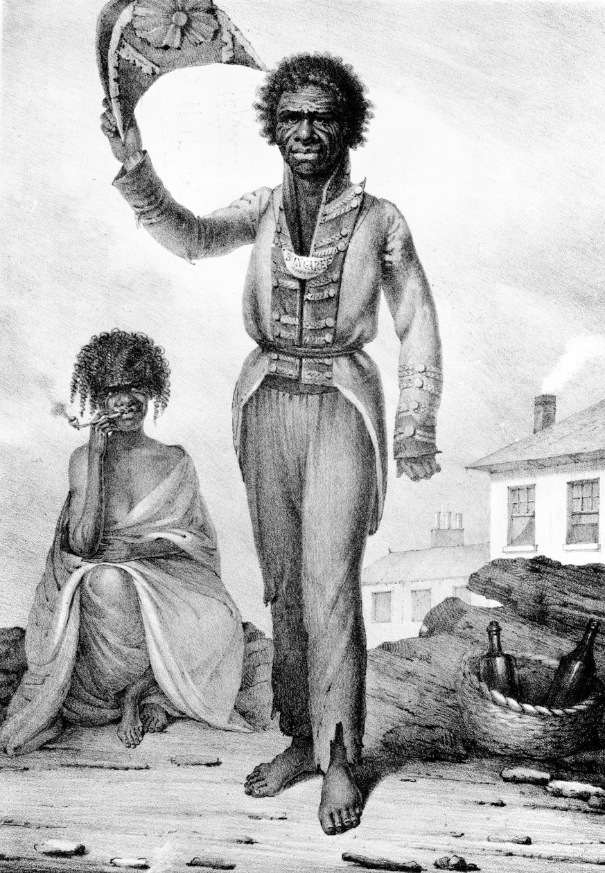 Bungaree, Uuden Etelä-Walesin alkuperäisasukkaiden päällikkö, Charles Joseph Hullmandelin kaiverrus, 1830. tekijältä Augustus Earle