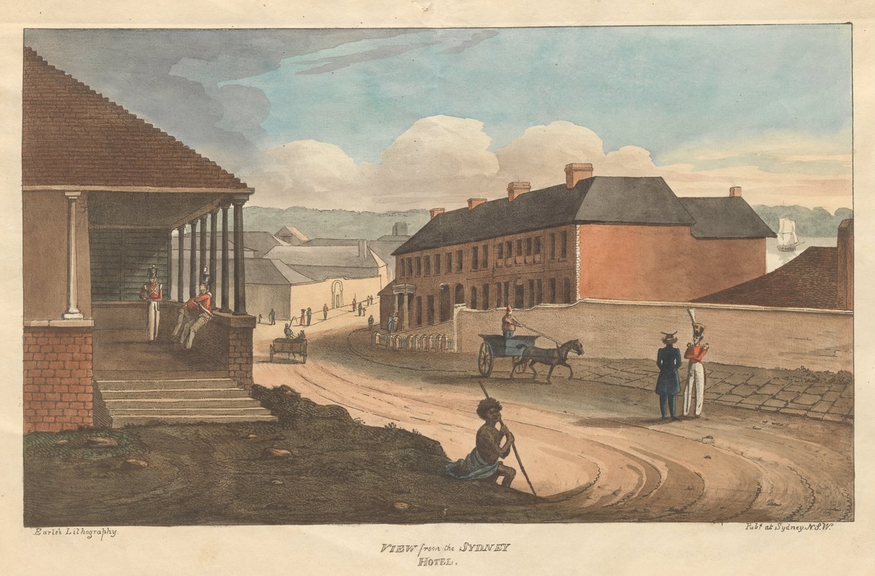 Näkymä Sydneyn hotellista Earle, Augustus. Näkymät Australiassa. Sydney- Earlen litografia, 1826 tekijältä Augustus Earle