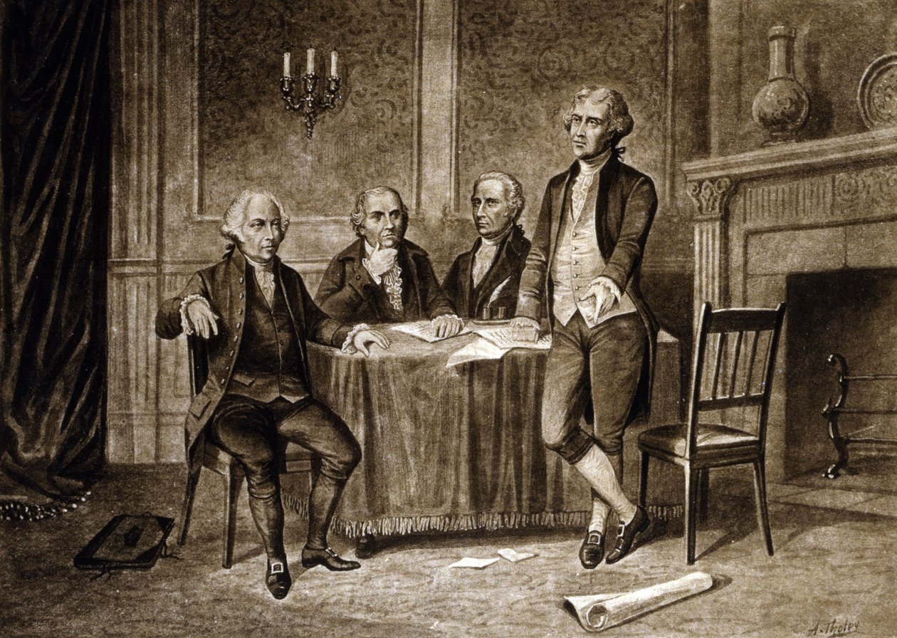 Mannermaan kongressin johtajat 1775: John Adams, Robert Morris, Alexander Hamilton, Thomas Jefferson, Augustus Tholeyn piirros (1894). tekijältä Augustus Tholey
