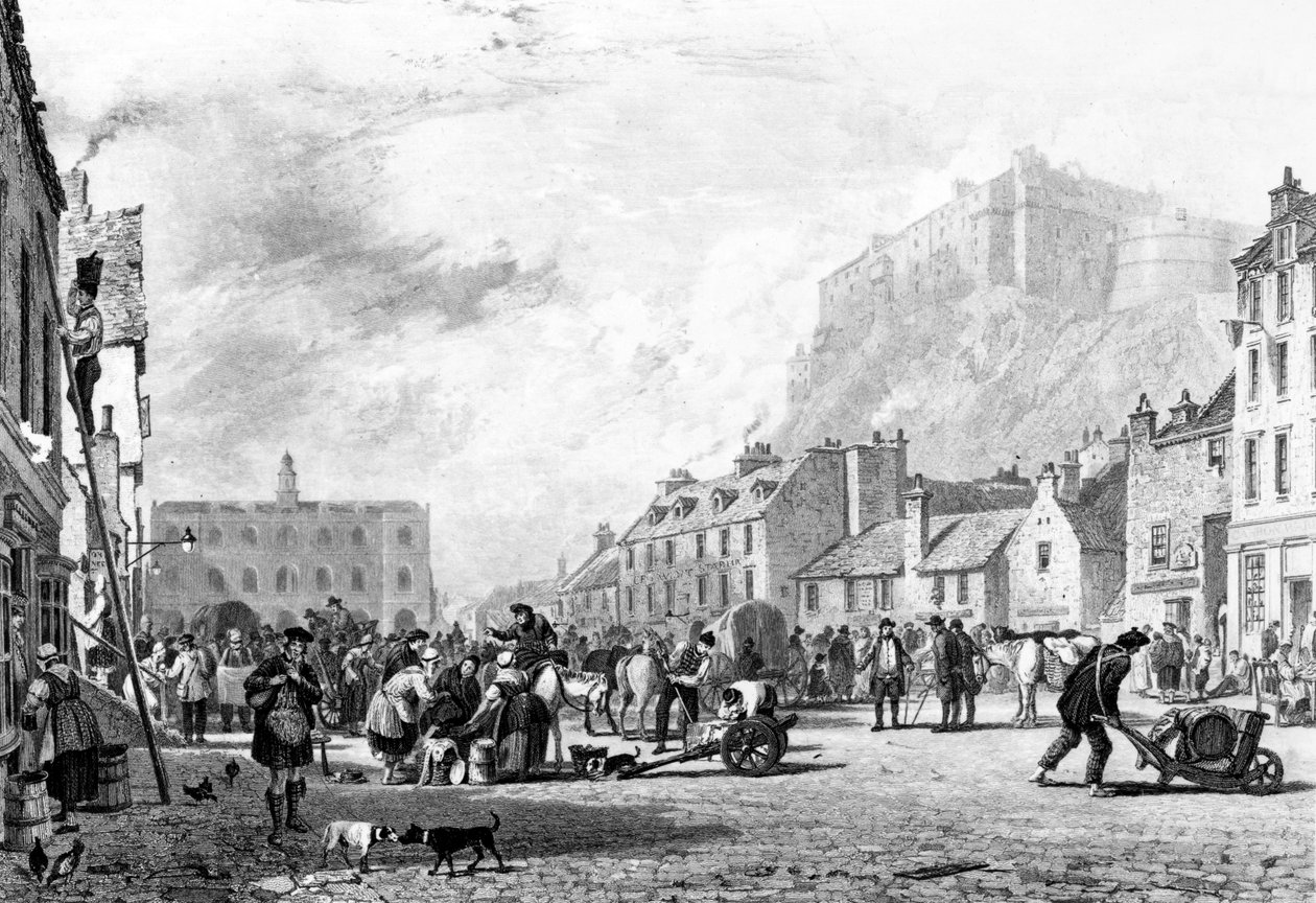 Edinburghin Grass Marketin linna, George Cooken ja Henry Le Keuxin kaivertama, 1820 tekijältä Augustus Wall Callcott