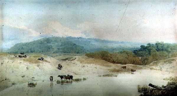 Näkymä Yorkshireen, joki ja karja, (piirustus) tekijältä Augustus Wall Callcott
