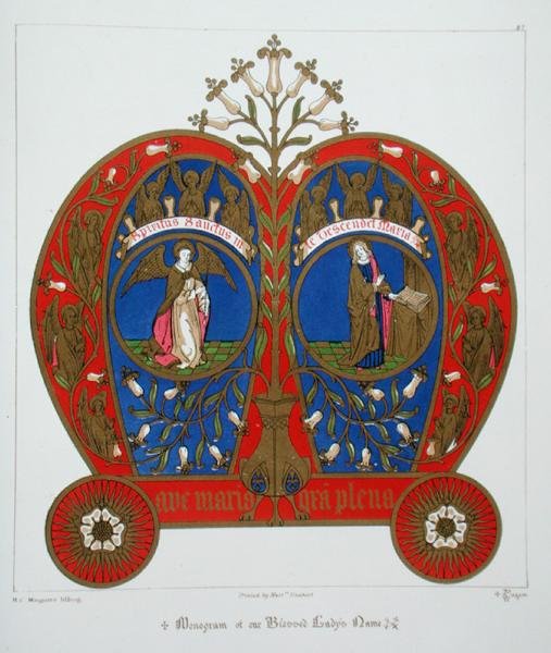 Siunatun Ladymme nimen monogrammi, kirjasta "The Glossary of Ecclesiastical Ornament and Constume", litografia H.C. Maguire tekijältä Augustus Welby Northmore (after) Pugin