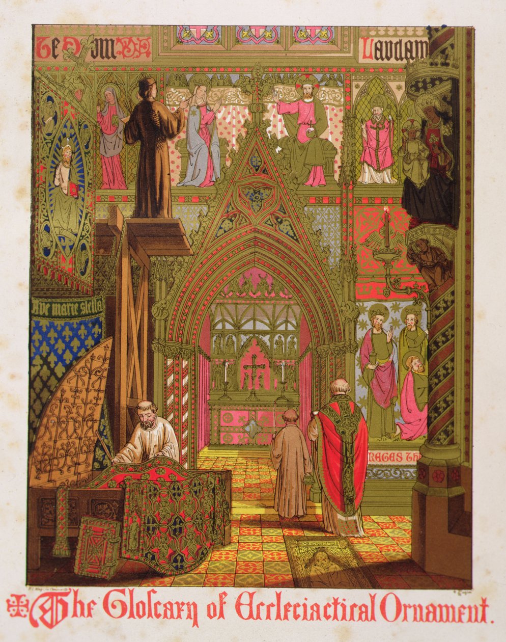 Kuvakudokset, verhoukset ja alttarikankaat, kirjasta "The Glossary of Ecclesiastical Ornament and Costume", litografia H.C. Maguire tekijältä Augustus Welby Northmore (after) Pugin
