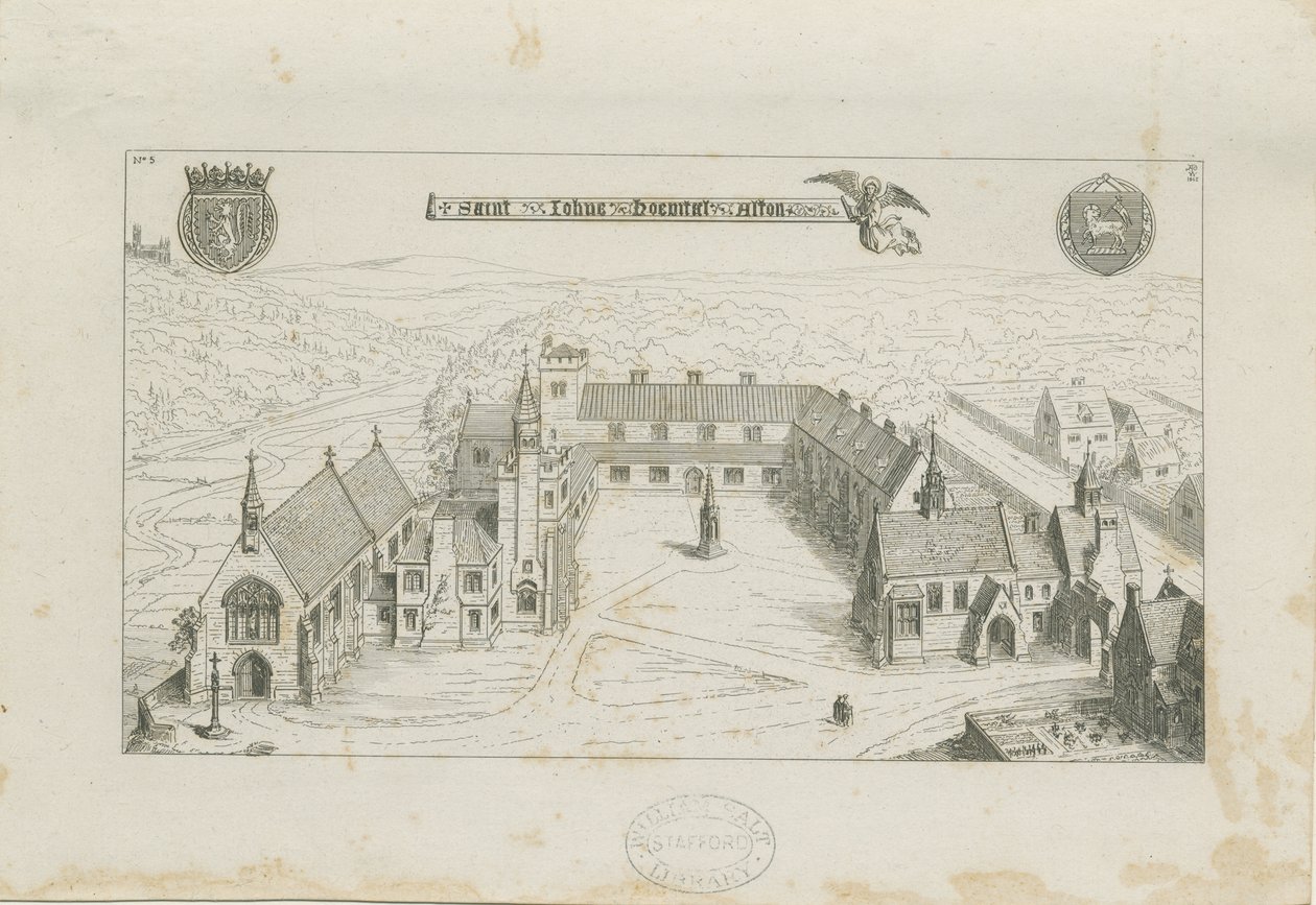 Alton - St. Johnin luostarikoulun ulkopuoli: kaiverrus, 1842 tekijältä Augustus Welby Northmore Pugin