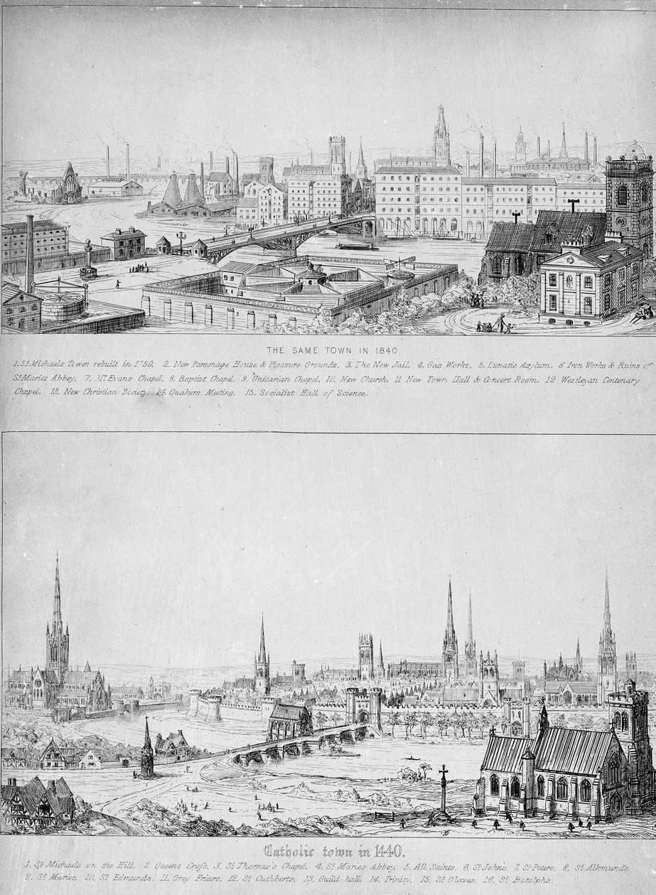 Katolinen kaupunki vuonna 1440 ja sama kaupunki vuonna 1840 tekijältä Augustus Welby Northmore Pugin