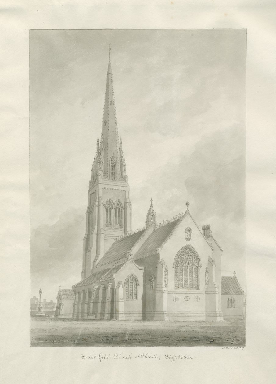 Cheadle - roomalaiskatolinen kirkko (St Giles): seepiapesupiirros tekijältä Augustus Welby Northmore Pugin