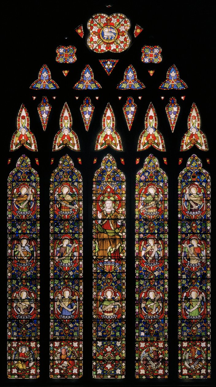 Kristus enkelien ympäröimänä, 1850 (lasimaalauksia) tekijältä Augustus Welby Northmore Pugin
