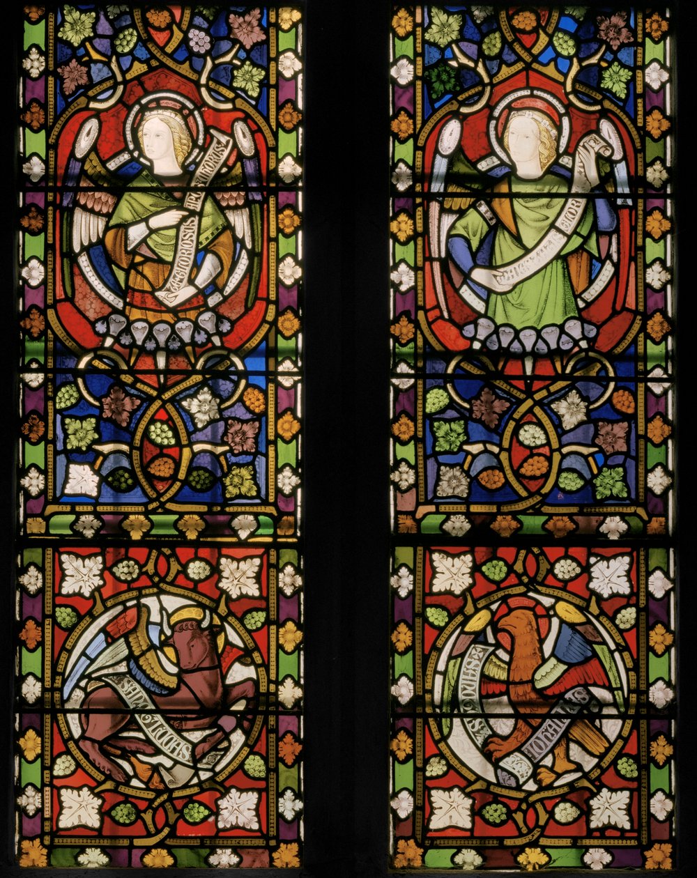 Kristus enkelien ympäröimänä, yksityiskohta, 1850 (lasimaalauksia). tekijältä Augustus Welby Northmore Pugin