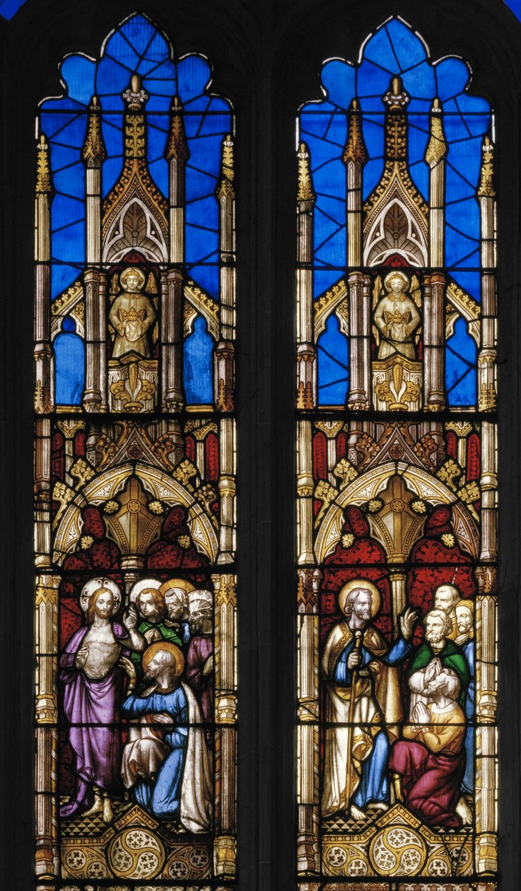 Pyhän apostoli Tuomaksen elämän tapahtumat, yksityiskohta, noin 1843 (lasimaalauksia). tekijältä Augustus Welby Northmore Pugin