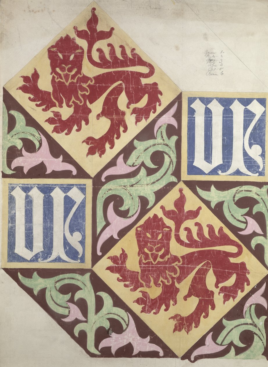 Parlamenttitalon lattiasuunnittelu (guassi ja kynä paperille) tekijältä Augustus Welby Northmore Pugin