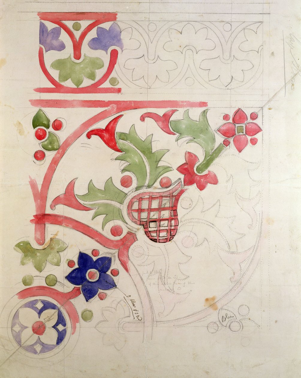Kukkakuvio ylähuoneen kirjastoa varten (lyijykynä ja wc paperille). tekijältä Augustus Welby Northmore Pugin