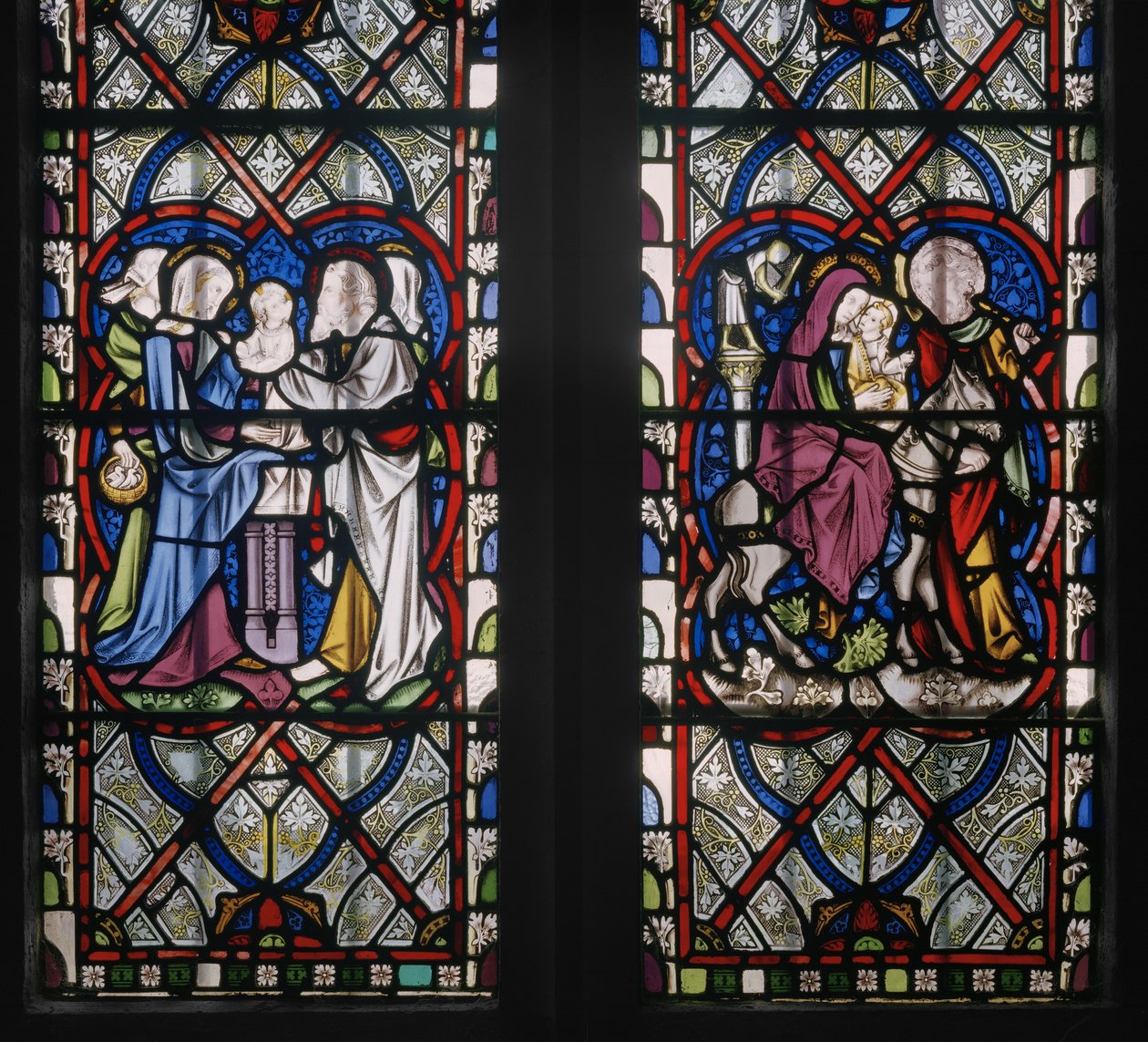 Lady Chapel Window with Scenes from the Life of the Virgin, yksityiskohta, 1851 (lasimaalaukset) tekijältä Augustus Welby Northmore Pugin