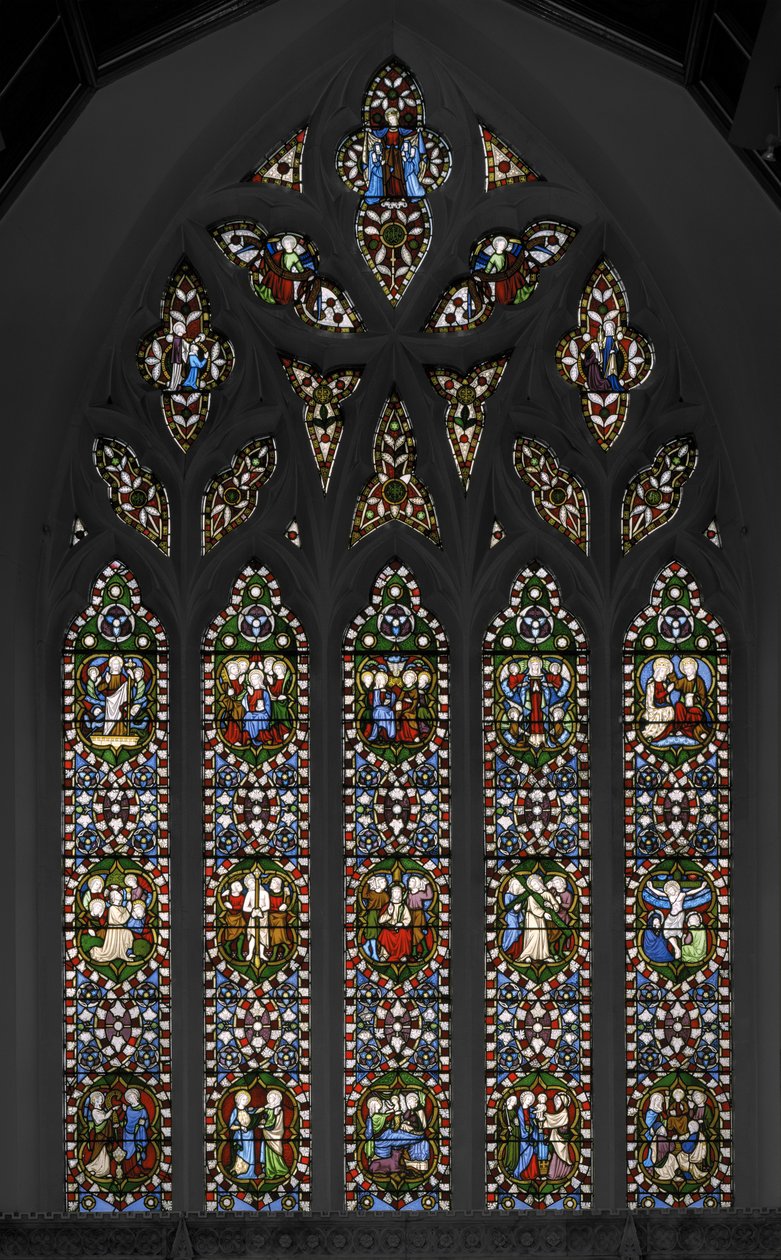 Rukousnauhan salaisuudet, kappelin itäikkuna, 1847 (lasimaalaukset) tekijältä Augustus Welby Northmore Pugin