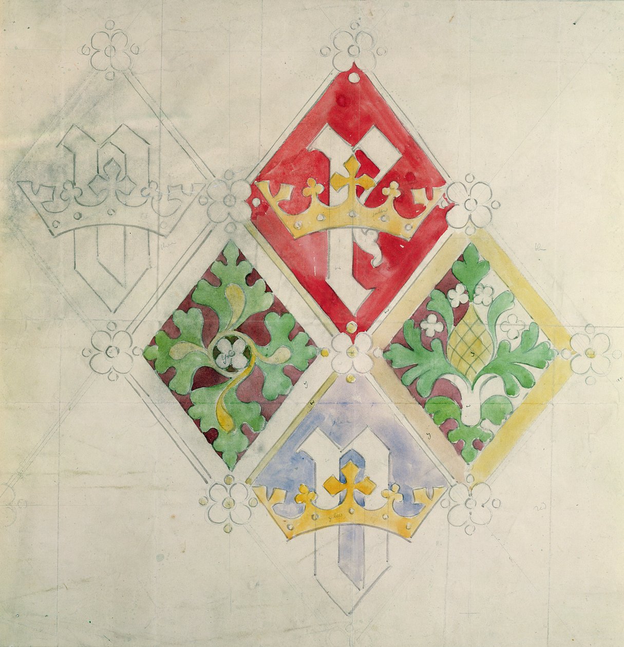 Eduskuntatalon lasimaalaussuunnittelu (wc ja kynä paperille) tekijältä Augustus Welby Northmore Pugin