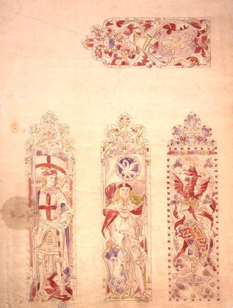 Lasimaalaussuunnittelu Westminsterin palatsiin (kynä & muste ja akvarelli paperille) tekijältä Augustus Welby Northmore Pugin