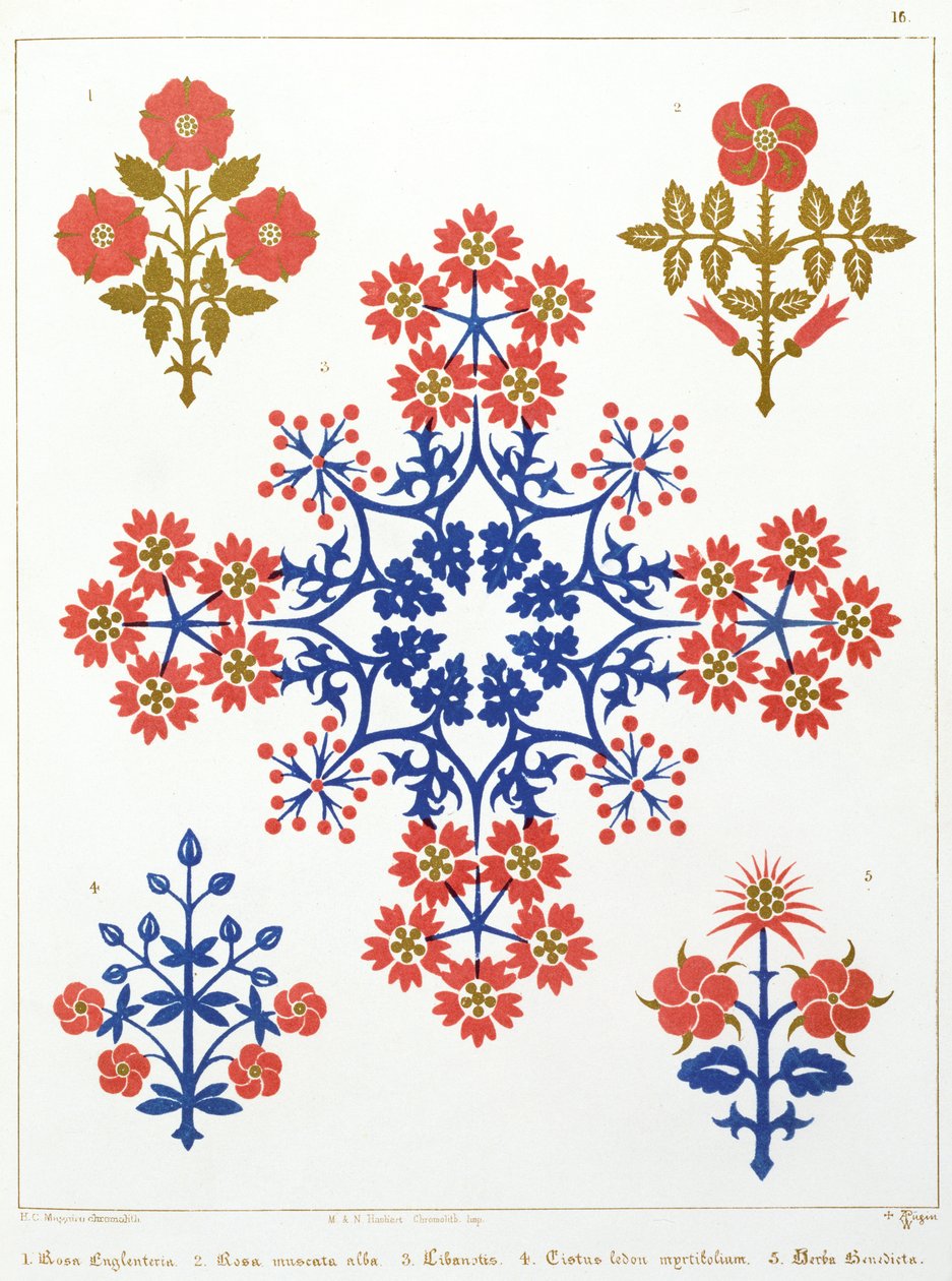 Violetti-, iiris- ja tulppaani-aiheinen tapettisuunnittelu, painatus M. und N. Hanhart tekijältä Augustus Welby Northmore Pugin