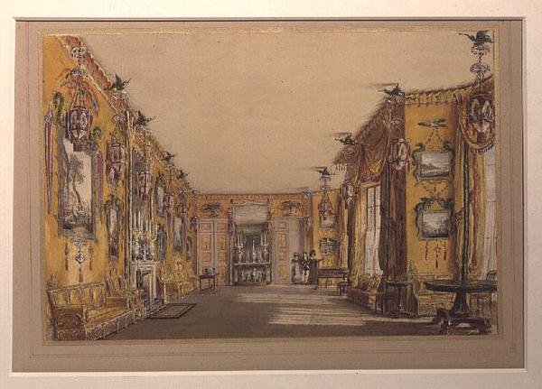 Keltainen (pohjoinen) salonki (väri litho) tekijältä Augustus Welby Pugin