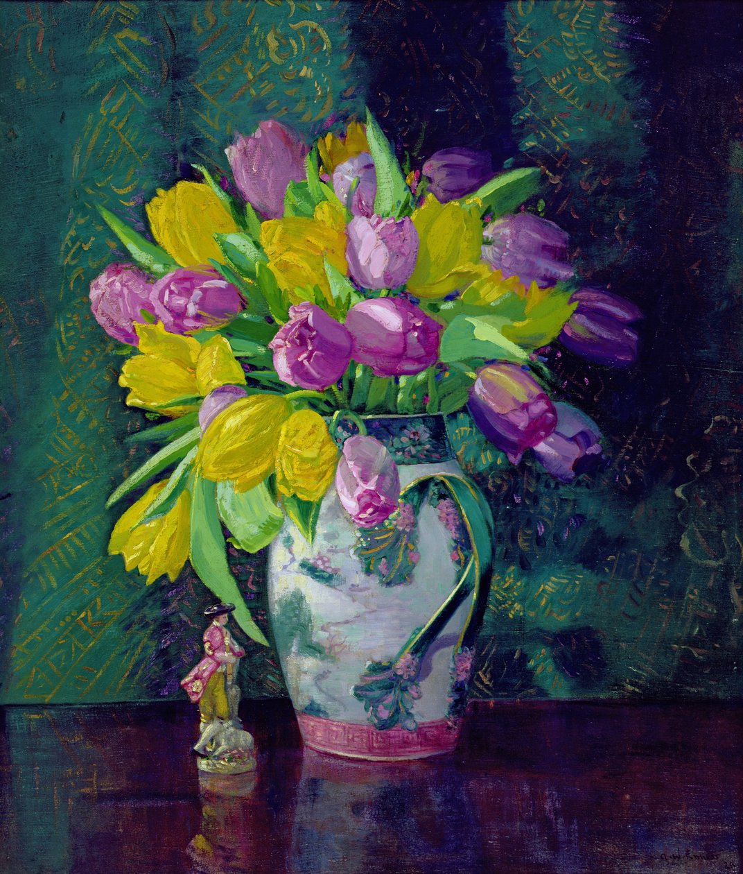 Keltaiset ja mauve-tulppaanit maljakossa tekijältä Augustus William Enness