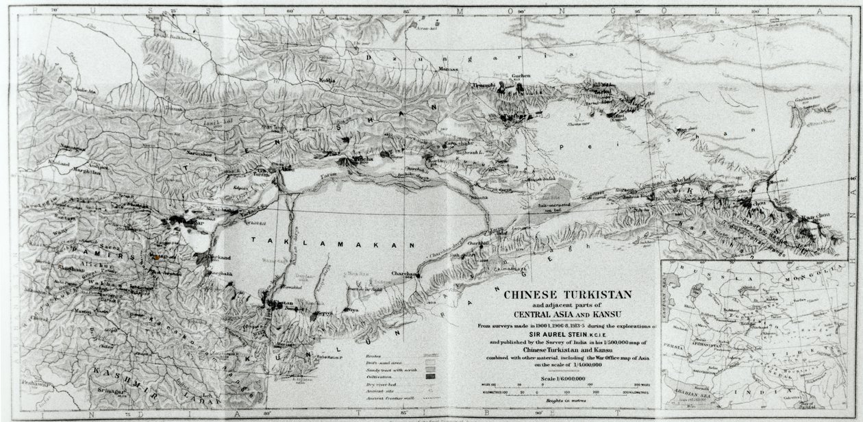 Kiinan Turkestanin kartta, Steinin teoksesta "On Ancient Central-Asian Tracks", julkaistu 1933 tekijältä Aurel Stein