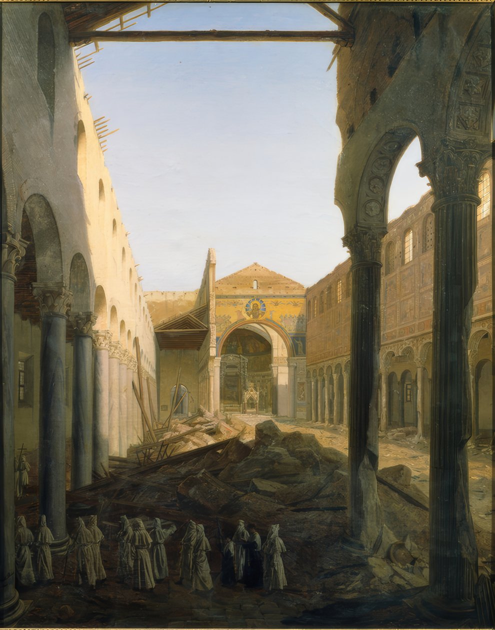 San Paolo fuori le muran sisätilat vuoden 1823 tulipalon jälkeen tekijältä Aurèle Robert